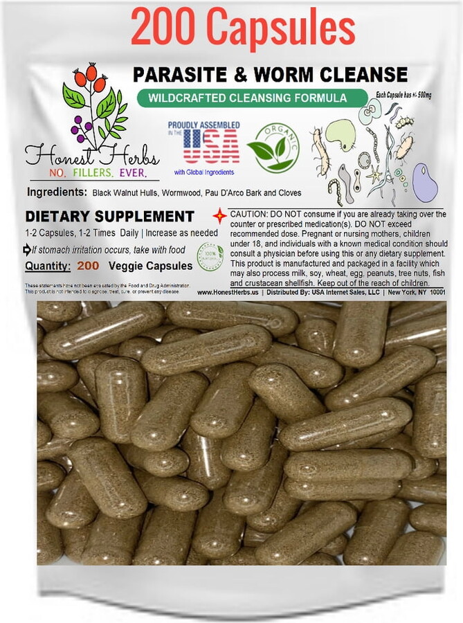 Honest Herbs Worm & Parasite Blend - Natural Cleanse Formula - Black Walnut Hulls - Wormwood - Pau D'Arco Bark - Clove - No Fillers - 200 Veggie Caps