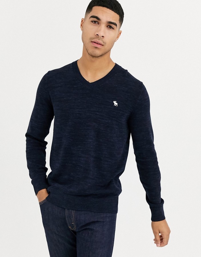 Abercrombie & Fitch core icon logo v neck knit sweater in navy - ShopStyle