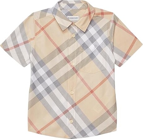 Burberry Children Owen Check Short Sleeve Button Down Shirt (Infant/Toddler) Boy's Clothing Pale Stone IP Check : 12 Months, Cotton