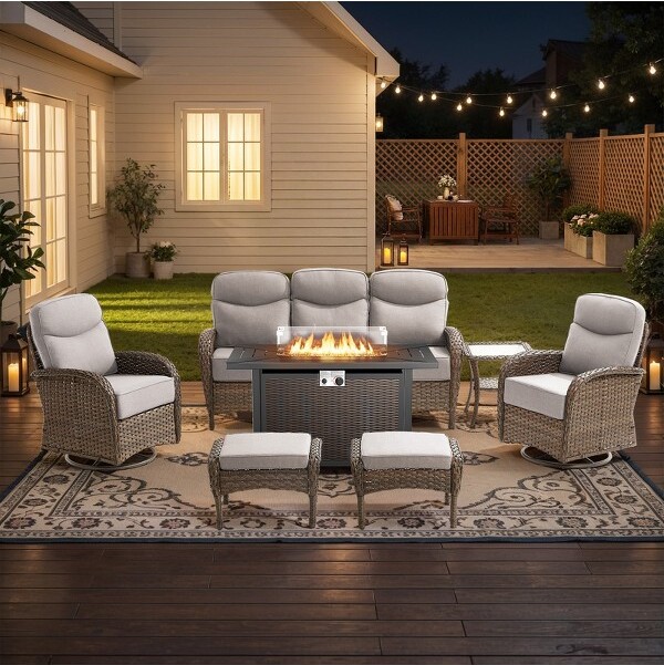 Gymojoy7PiecesPatioFurnitureSetwithFirePitHighBackOutdoorFurnitureSet6-inchCushionsWickerPatioSwivelRockerChairsforLawnDeck