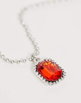 ASOS Design DESIGN necklace with red jewel pendant and ball chain in silver tone