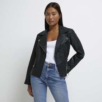 River Island Womens Petite Black faux leather biker jacket - ShopStyle