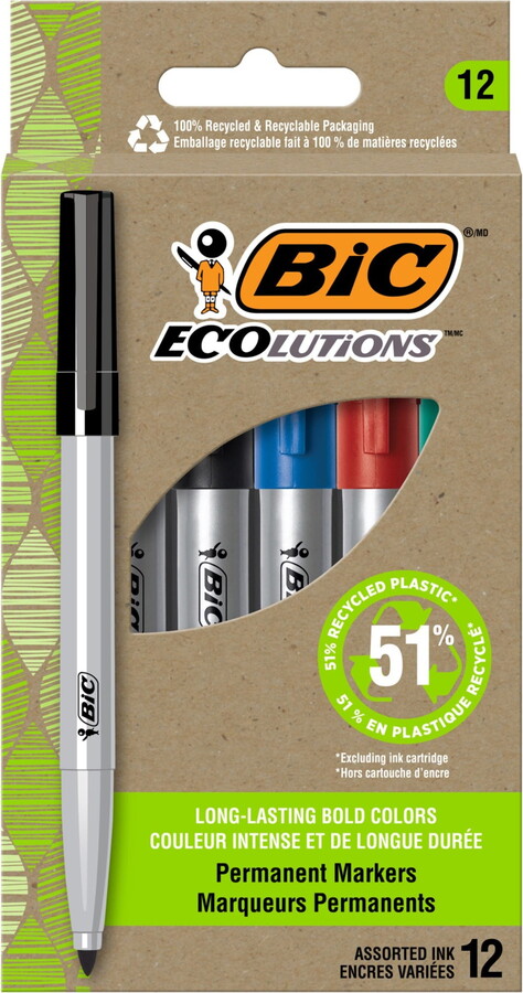 BIC, BICPMER12AST, Ecolutions Permanent Marker, 12 Pack