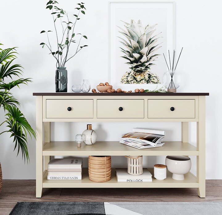 Merax Beige Classic Pine Wood Console Table for Entryway Hallway Multi