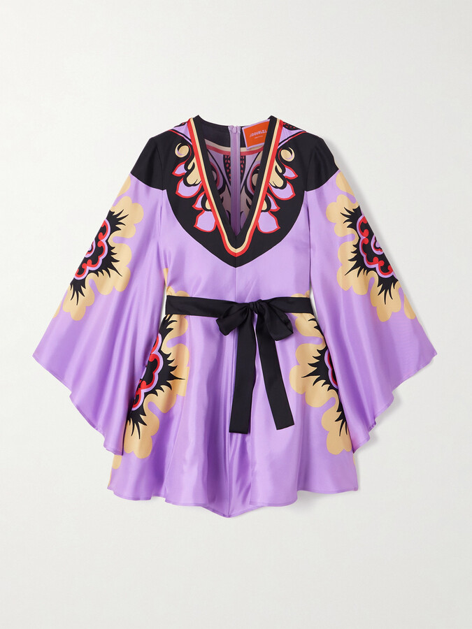 La DoubleJ Icon Magnifico Belted Printed Silk-twill Mini Dress - Purple