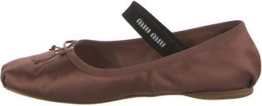 Miu Miu Satin Mary Jane Flats Neutrals Grosgrain & Bow Accents Round-Toes Mary Jane Strap