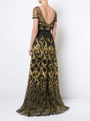 Marchesa Notte embroidered plunge back gown