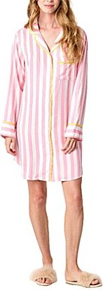 Katie Kime Retro Stripe Printed Cotton Woven Notch Collar Long Sleeve Button Front Sleep Shirt