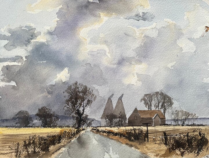 Anthony Avery, British Impressionist Watercolor of Country Road Leading to Farm Buildings