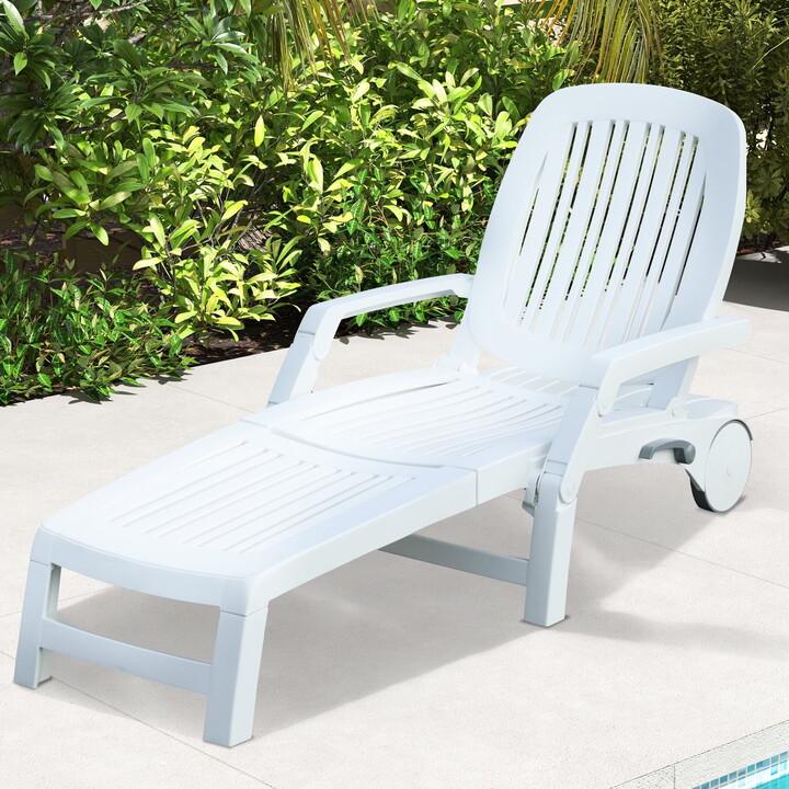 Dextrus Adjustable Backrest Lounge Chair, Foldable Poolside Lounger with 6 Positions and Wheels, Lightweight, Waterproof, and Easy Assembly for Patio, Beach - White