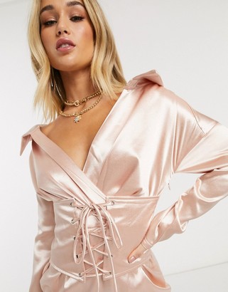 I SAW IT FIRST satin off the shoulder lace up dress in pink