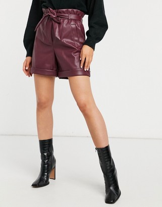 Vero Moda leather look shorts with paperbag waist in burgundy