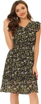 Thumbnail for your product : Allegra K Women's Floral Flutter Sleeves V Neck Smocked Ruffle Dress Light Yellow M-12