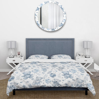 Design Art Blue White Boho Baby Bear Pattern - Boho Duvet Cover Set