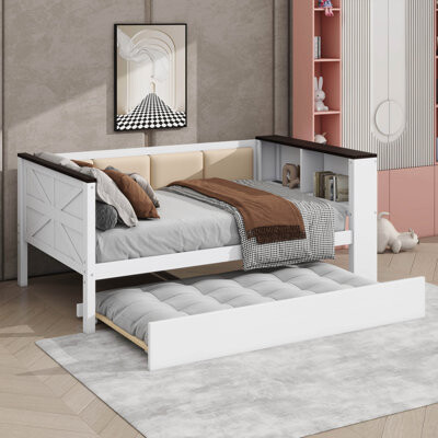 GAINESVILLE DISCOUNT FURNITURE INC Wood Daybed With Storage Shelves Upholstered BackrestUSB And Trundle