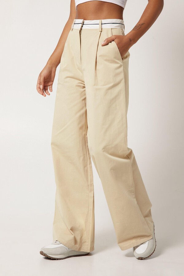 Beige Wide Leg Trousers With Reversed Waistband by BLUZAT