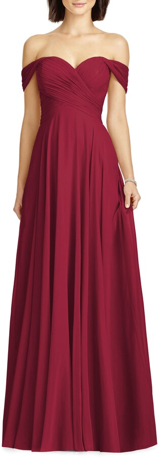 lux ruched off the shoulder chiffon gown