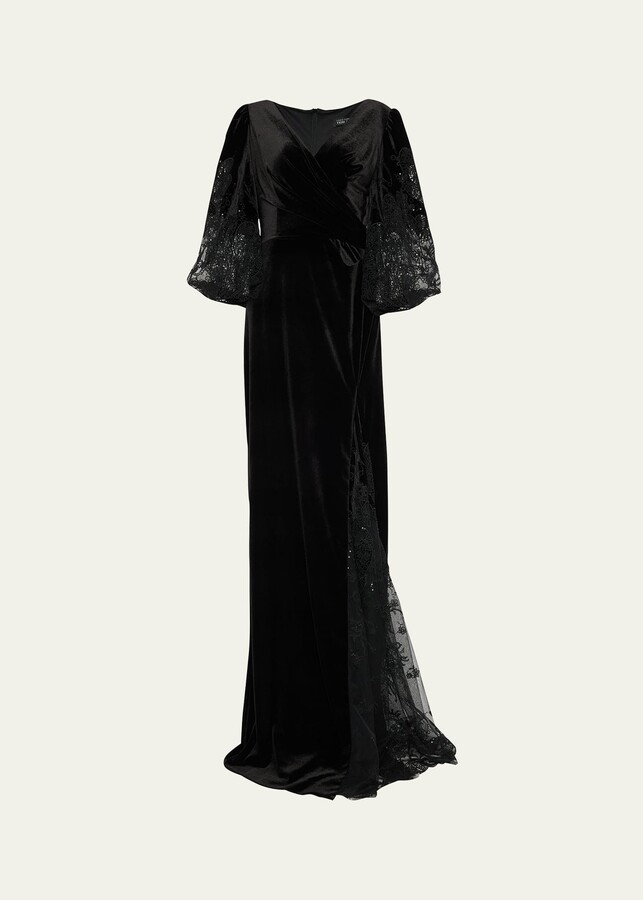 Rickie Freeman For Teri Jon Velvet Lace-Embroidered Column Gown ...