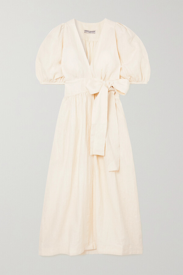 Three Graces London Fiona Linen Wrap Midi Dress - Cream - ShopStyle