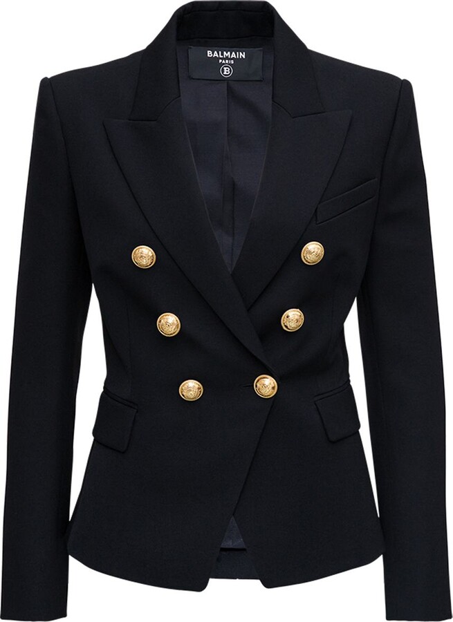 Balmain Black Short 6-Pocket Double-Breasted Jacket in Wool Woman ...