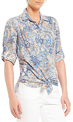 Westbound Petites Roll Sleeve Tie Front Shirt