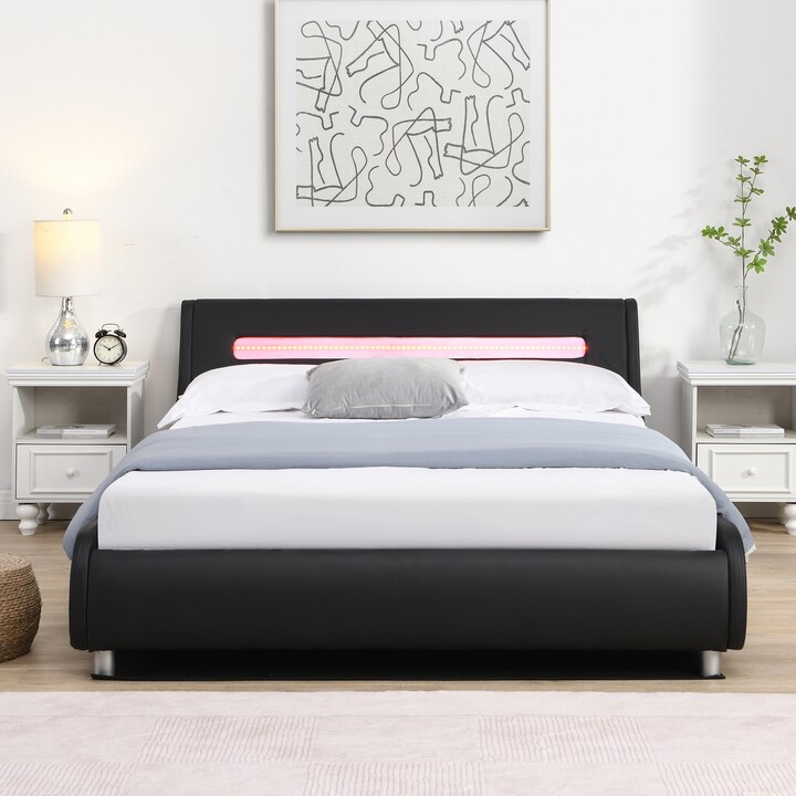 IGEMAN Full Size Low Profile Upholstered Platform Bed with LED
