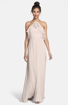 Thumbnail for your product : Amsale Ruffle Detail Crinkled Silk Chiffon Halter Gown