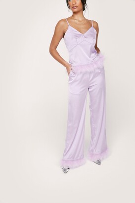 Nasty Gal Womens Satin Feather Pajama Cami Top and trousers Set - Purple - 12, Purple