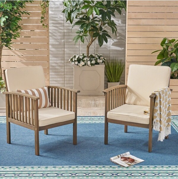 GulchesSetof2OutdoorAcaciaWoodClubChairsGrayFrameCreamWaterResistantCushionsCoastalTropicalStyle