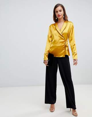 ASOS DESIGN satin wrap top with piping detail and long sleeves