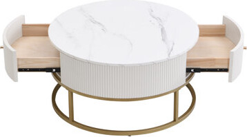 Mercer41 31.5 Inch Round Coffee Table With Drawers And Storage, Modern Faux Marble Top For Living Room | Gift Idea