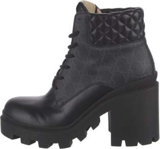 Gucci Leather Ankle Combat Boots Black GG Canvas Rubber Trim Round-Toes Platform Lace-Up Closure at Uppers