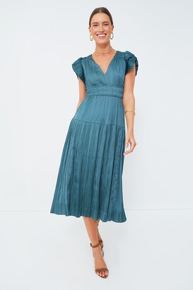 Moon River Jade Pleated V-Neck Maxi Dress