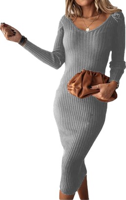 Boni caro Womens Midi Bodycon Dress Casual Long Sleeve Pencil Winter Jumper  Dresses Slim Fit Knit Sweater Dresses UK (Grey - ShopStyle