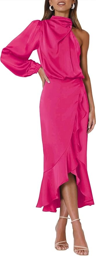 MITILLY Women's Satin Formal One-Shoulder Mock Neck Long Sleeve Bodycon Wrap Mermaid Hem Cocktail Party Maxi Dress New