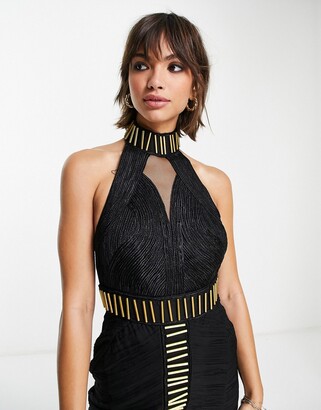 ASOS DESIGN mini dress with rope applique bodice and gold embellishment