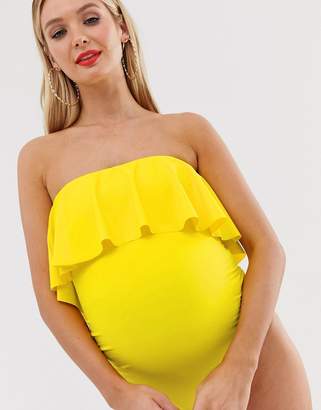 ASOS Maternity DESIGN recycled maternity bandeau minimal frill swimsuit in yellow