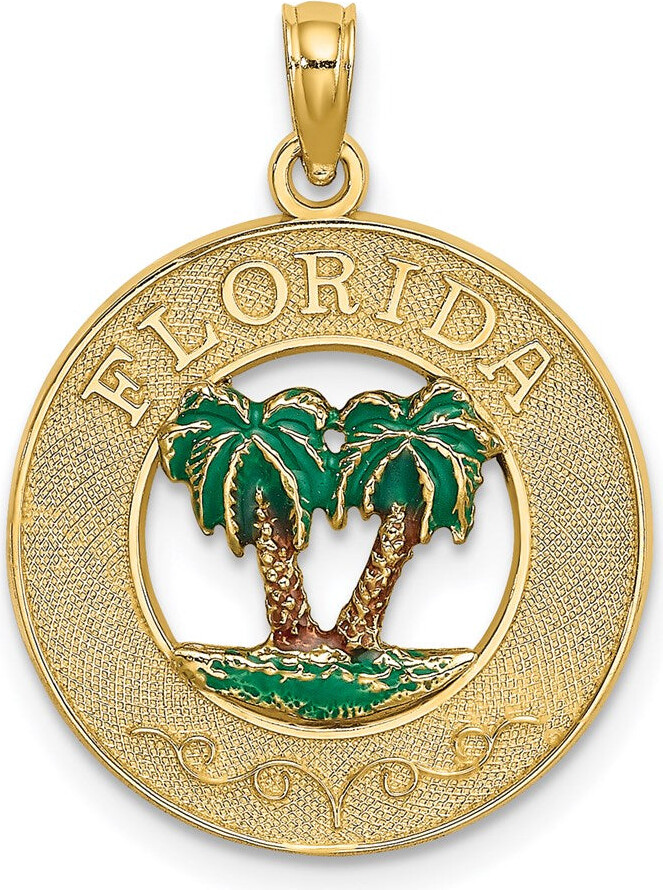 Diamond2Deal 14k Yellow Gold FLORIDA Enamel Palm Trees Circle Charm Pendant