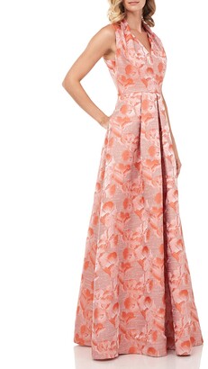 Kay Unger New York Evie Floral Stripe Jacquard Swan-Neck Ball Gown