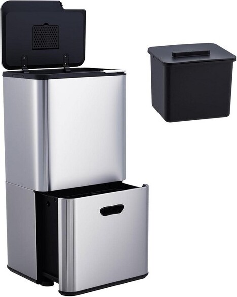 LinTimes 16GallonDualTrashCan£¬2Compartment£¨8.6Gal+7.4Gal£©GarbageCanwithCompostBin&RemovableInnerBucketforKitchenOfficeSliver