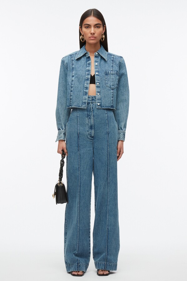 Denim Cropped Shirt with Shoulder Pads in BLUE