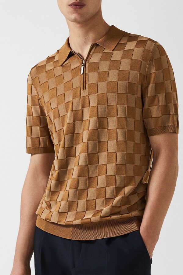 Reiss Tobacco Bali - Che Che Basket Weave Half Zip Polo T-Shirt