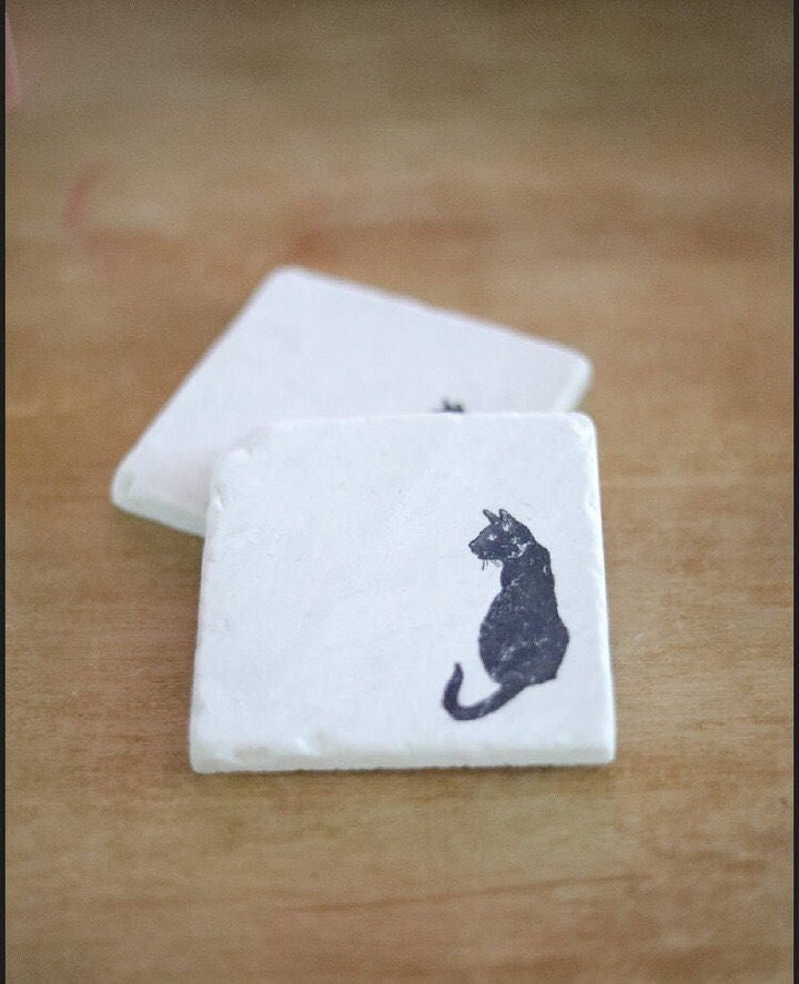 Etsy Black Cat Marble Coasters - Gift - Halloween Decor - Stone Tile Custom Drink Coasters