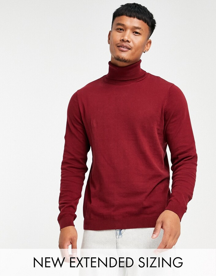 ASOS DESIGN knitted cotton roll neck sweater in burgundy - ShopStyle