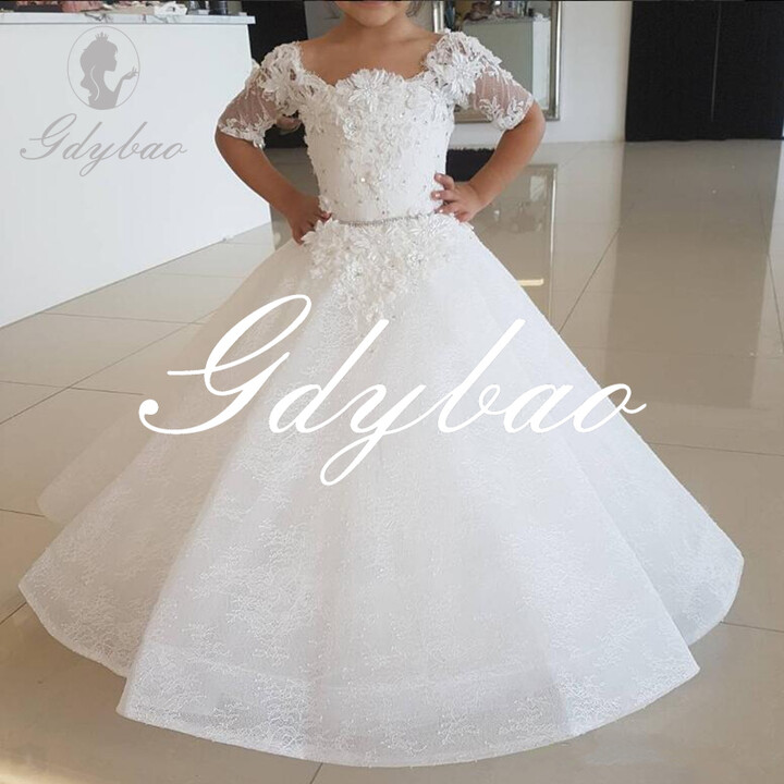 lifetime not regret Elegant Flower Girl Dresses Lace Applique Half sleeve Tulle O-Neck Girls First Communion Dress For Ceremony Birthday Party Dress