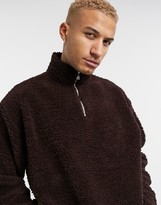 Thumbnail for your product : ASOS DESIGN oversized half zip track neck sweatshirt in brown teddy borg