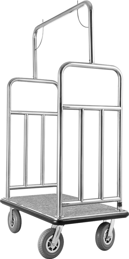 KFFKFF Guest Baggage Trolley, Supports up to 1200 LBS, Polished Stainless Steel Bellhop's Trolley, Servant Cart featuring Grey Carpeted Platform and 8-inch Rubber Tyres
