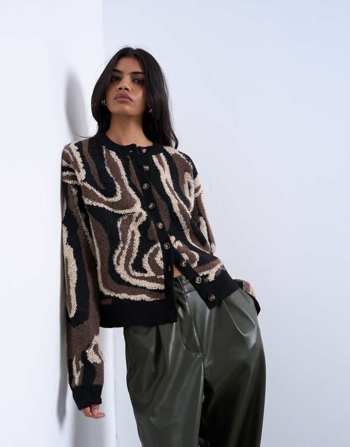 Topshop knit animal pattern cardigan in brown