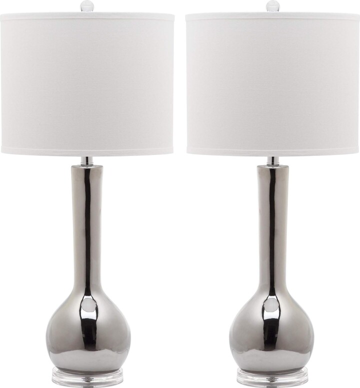 Safavieh Lighting Collection Mae Long Neck Modern Contemporary Blood Orange Ceramic 31-inch Bedroom Living Room Home Office Desk Nightstand Table Lamp Set of 2 (LED Bulbs Included)