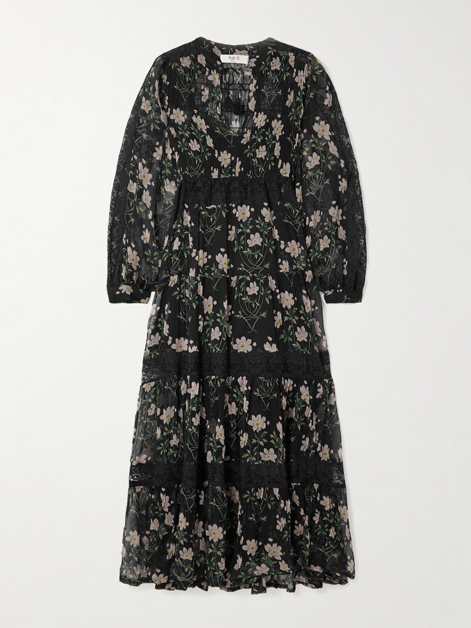 Sea Elizabeth Tiered Lace-trimmed Floral-print Crepon Midi Dress - Black
